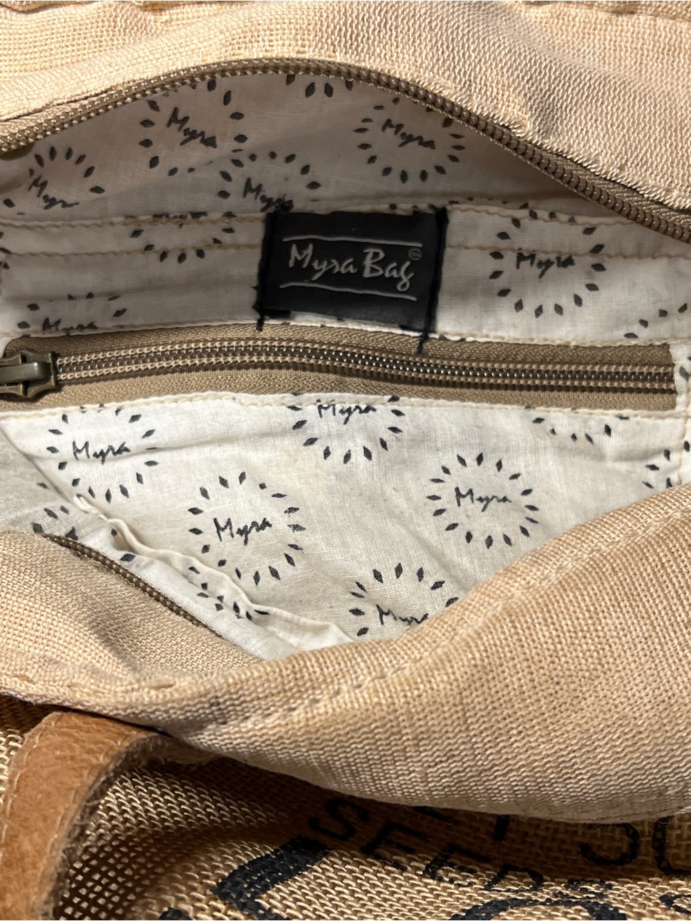 Myra Bag Beige Organic Upcycled Mkt Bag with Brown Leather Straps - Picture 8 of 11